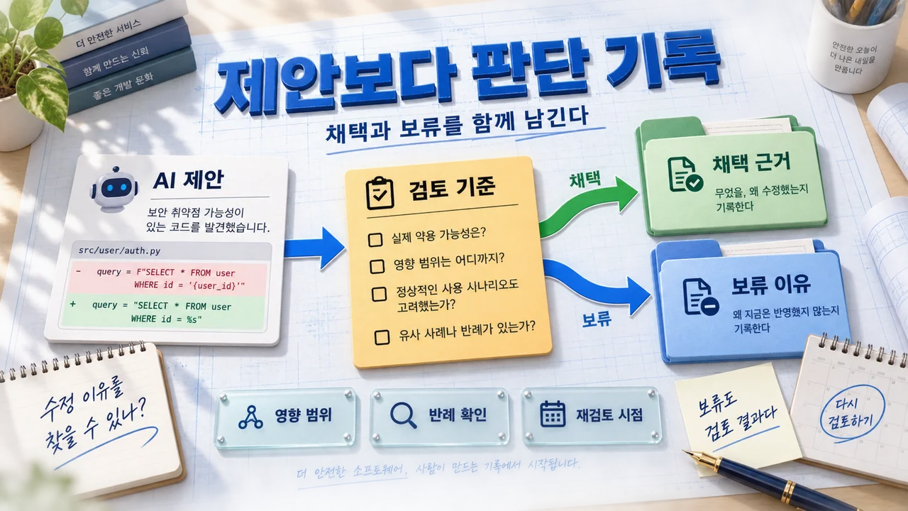 AI 제안을 검토 기준으로 평가해 채택 근거 또는 보류 이유로 분기하는 밝은 청사진