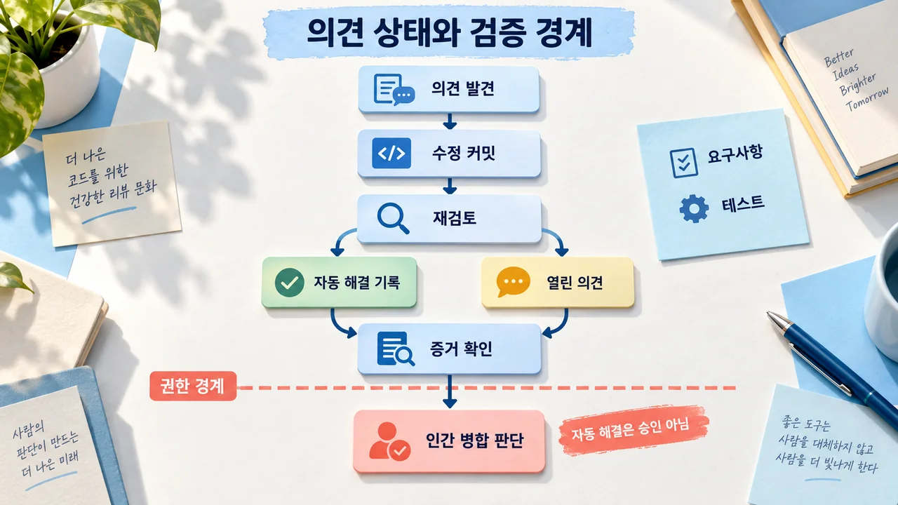 의견 발견부터 수정 커밋·재검토·증거 확인을 거쳐 인간 병합 판단에 이르는 흐름 개념도