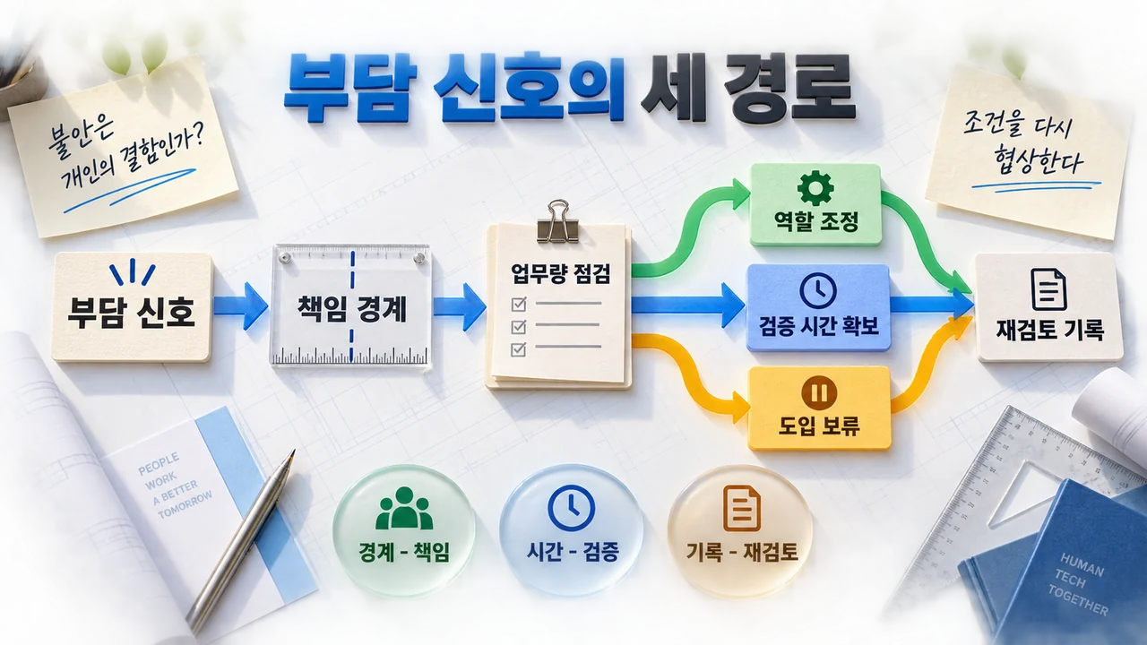 부담 신호를 책임 경계와 업무량 점검으로 확인해 역할 조정·검증 시간 확보·도입 보류로 나누는 개념 일러스트