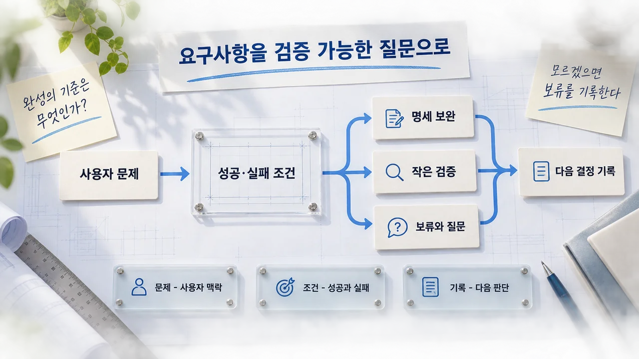 사용자 문제가 성공·실패 조건을 거쳐 명세 보완, 작은 검증, 보류와 질문으로 분기하고 다음 결정 기록에 합류하는 AI 개념 일러스트