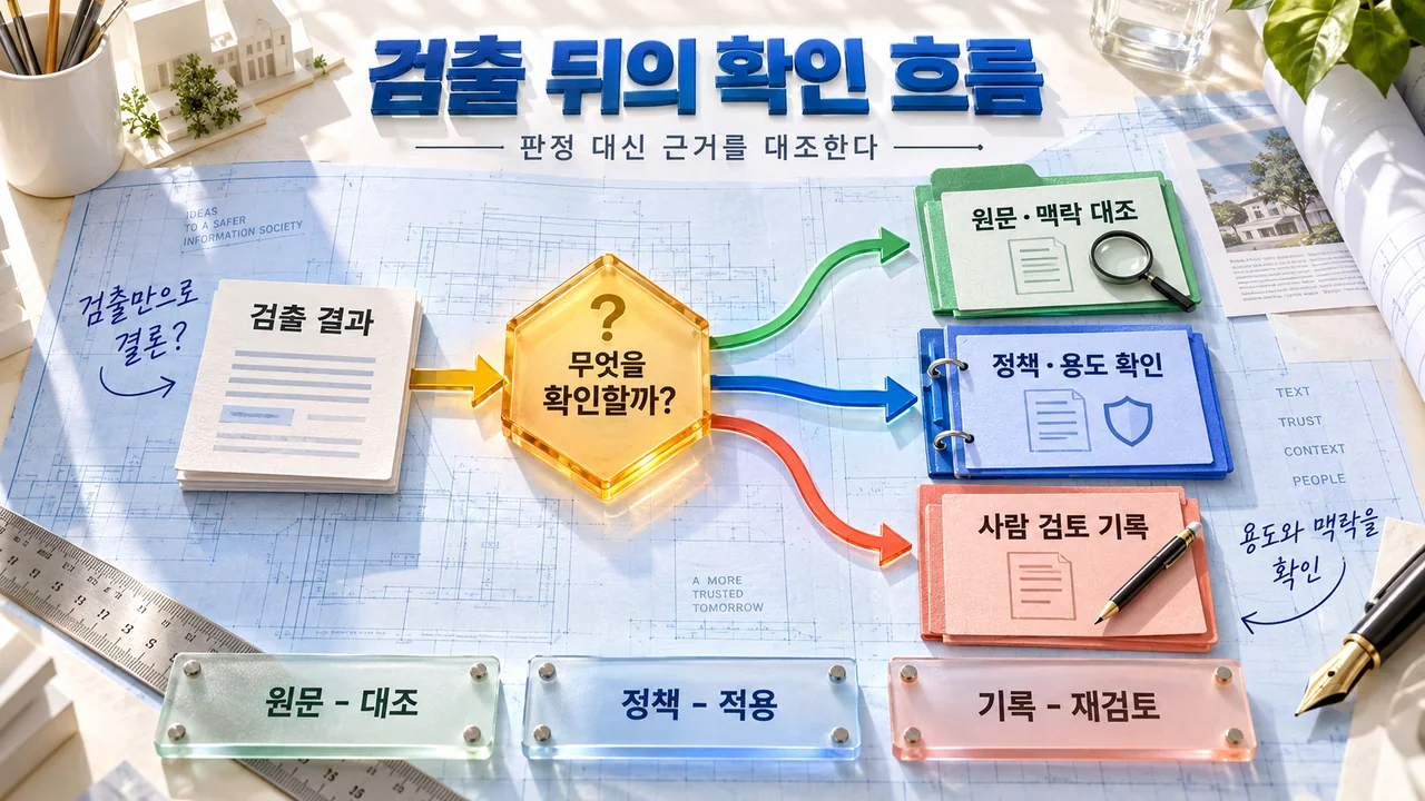 검출 결과가 질문 게이트를 거쳐 원문·맥락, 정책·용도, 사람 검토 기록으로 분기하는 AI 개념 일러스트