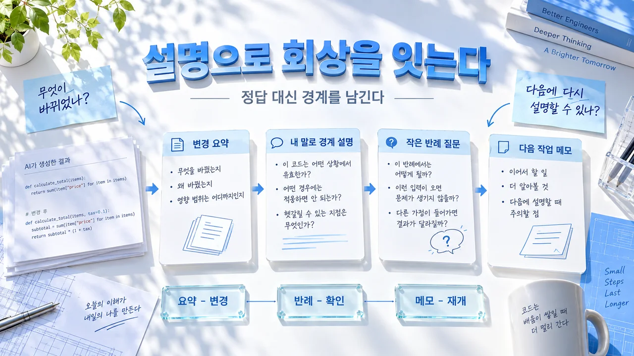 변경 요약에서 경계 설명·반례 질문·다음 작업 메모로 이어지는 개념 일러스트