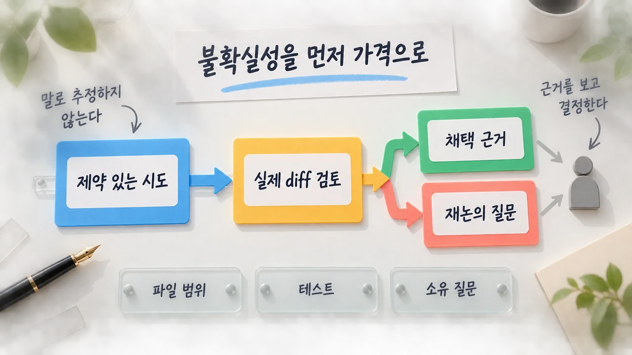 제약 있는 시도가 실제 diff 검토를 거쳐 채택 근거 또는 재논의 질문으로 분기하고 사람 판단으로 이어지는 AI 개념 일러스트