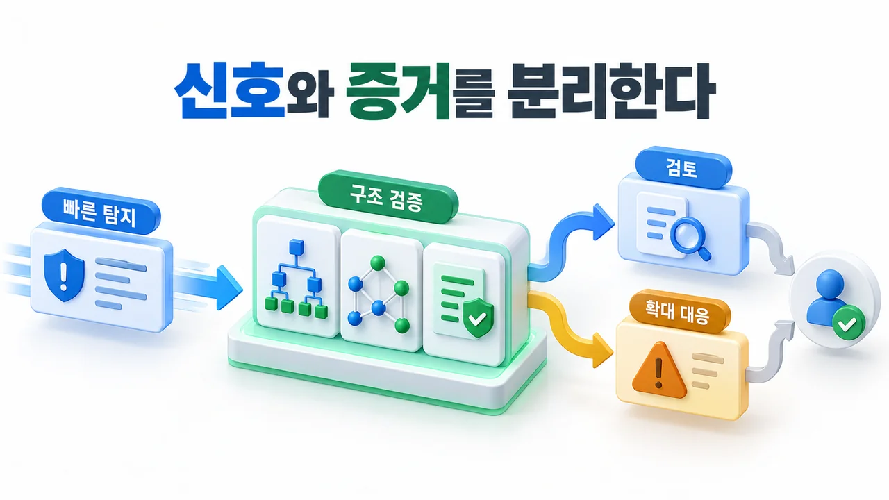 빠른 탐지 신호가 구조 검증을 거쳐 검토와 확대 대응의 두 경로로 나뉘고 사람 승인으로 이어지는 AI 보안 개념 일러스트