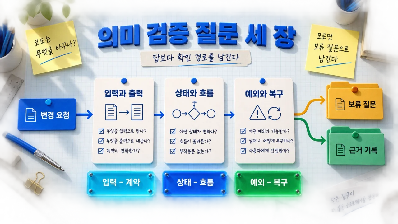 변경 요청이 입력·출력, 상태·흐름, 예외·복구의 세 질문을 거쳐 보류 질문 또는 근거 기록으로 분기하는 개념 일러스트