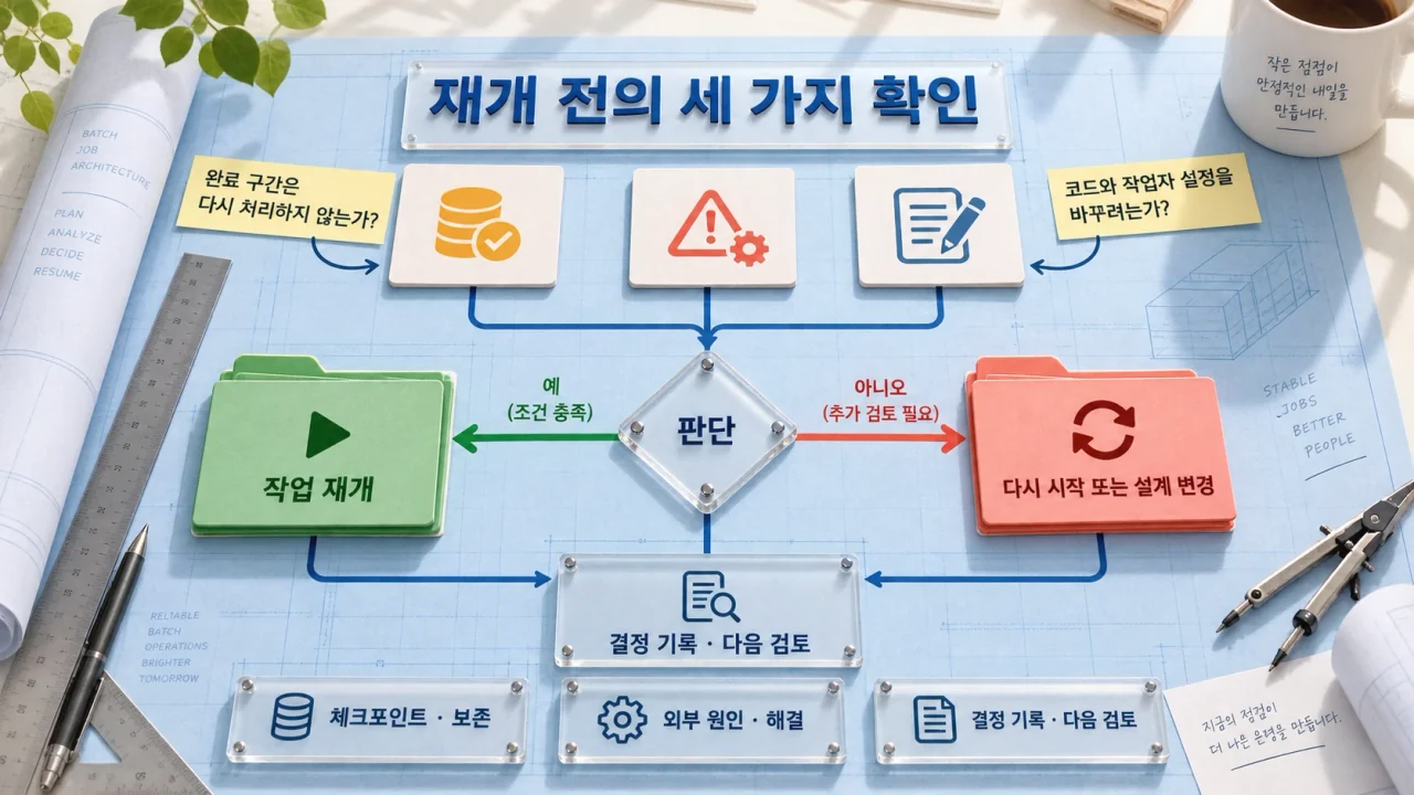 완료 구간·외부 원인·구성 변경 카드가 판단 게이트로 모여 작업 재개 또는 다시 시작·설계 변경으로 갈리고 결정 기록으로 이어지는 편집 이미지