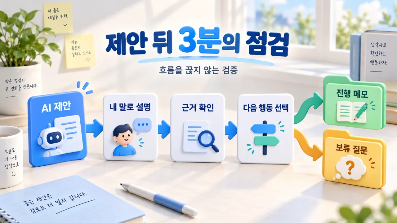 AI 제안이 내 말로 설명, 근거 확인, 다음 행동 선택을 거쳐 진행 메모 또는 보류 질문으로 분기하는 점검 흐름