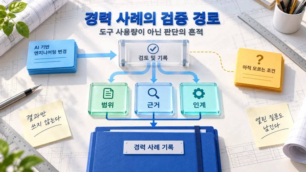 AI 기반 변경이 검토 및 기록 게이트를 거쳐 범위·근거·인계 문서로 나뉘고, 열린 질문은 별도로 남는 기록 흐름