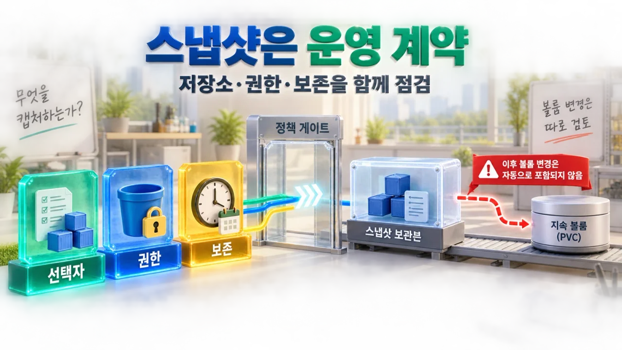 선택자와 권한과 보존 규칙이 정책 게이트를 지나 스냅샷을 만들고 PVC 변경은 별도로 점검하는 관계