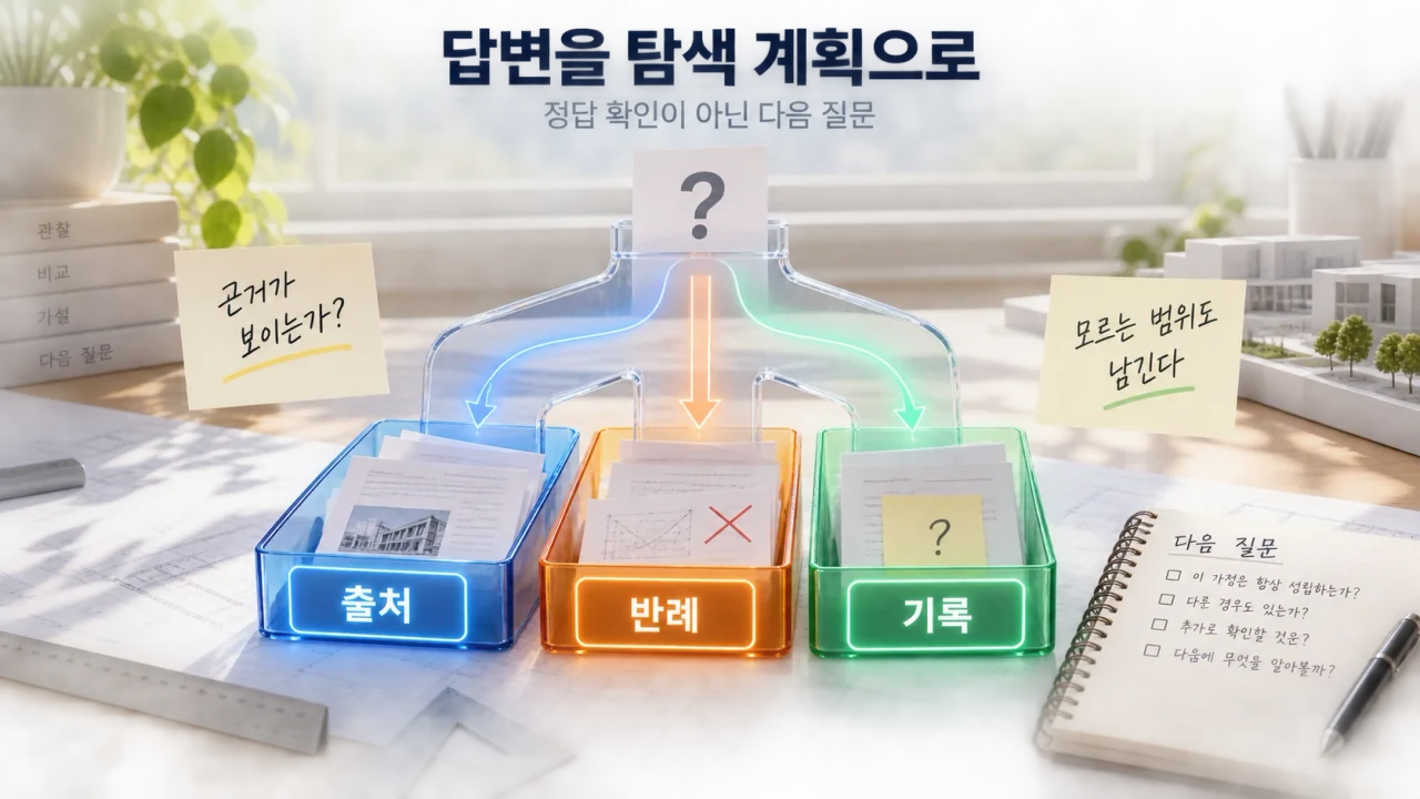 질문 하나가 출처와 반례와 미확인 기록으로 나뉘어 다음 질문으로 이어지는 관계