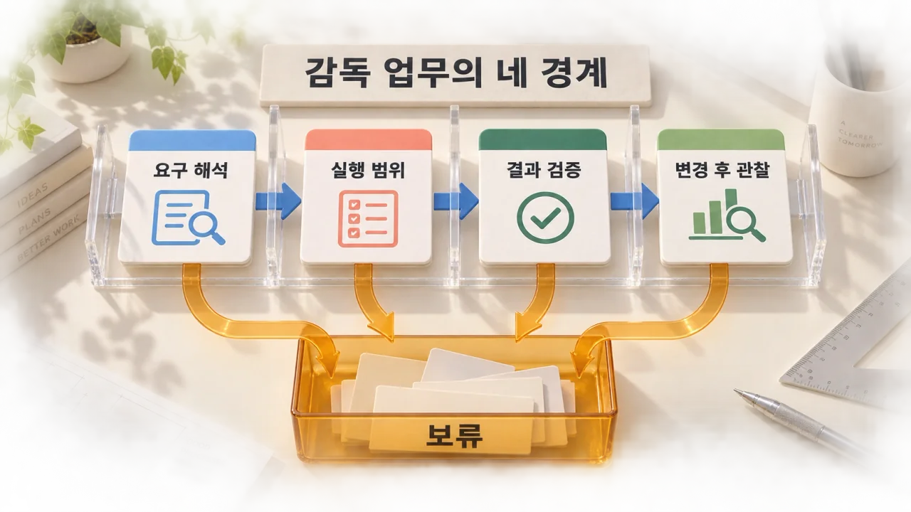 요구 해석·실행 범위·결과 검증·변경 후 관찰 카드가 연결되며 근거가 부족하면 보류 트레이로 갈라지는 관계