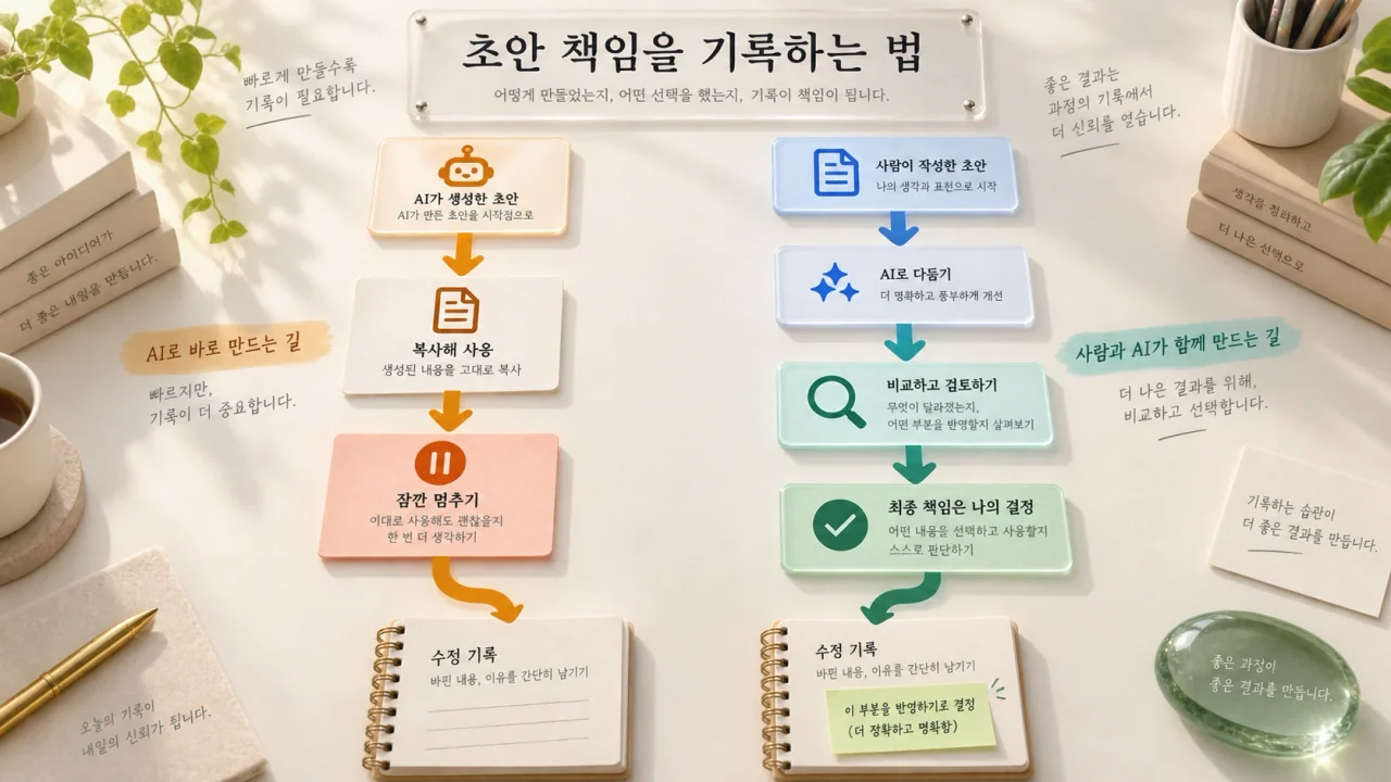 AI 생성 결과를 직접 복사하는 경로와 사람 초안을 AI로 다듬는 경로가 비교 렌즈와 수정 기록을 거쳐 최종 책임 확인으로 이어지는 관계