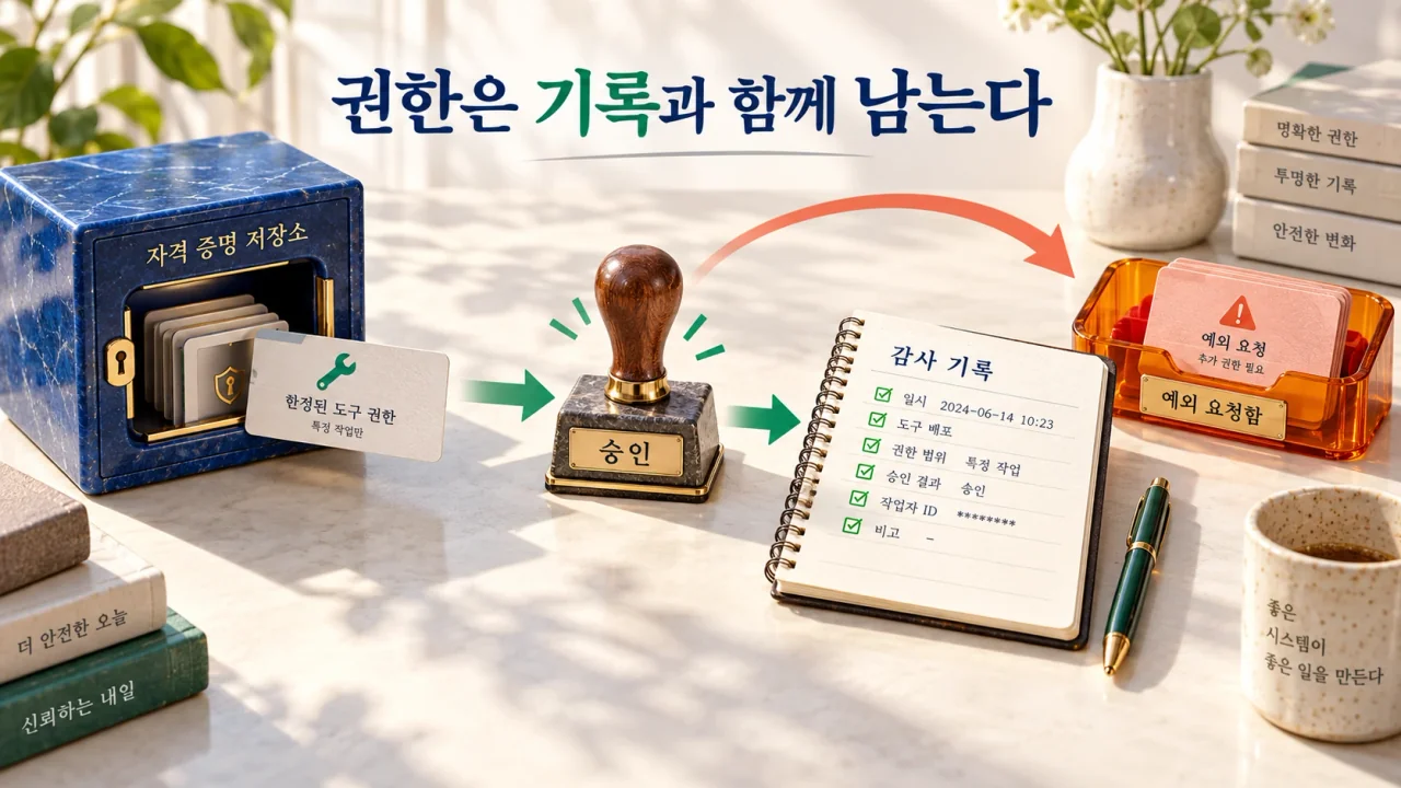 범위 제한 토큰이 자격 증명 금고에서 승인 도장을 거쳐 감사 노트로 기록되고 예외 요청은 격리 트레이로 가는 관계
