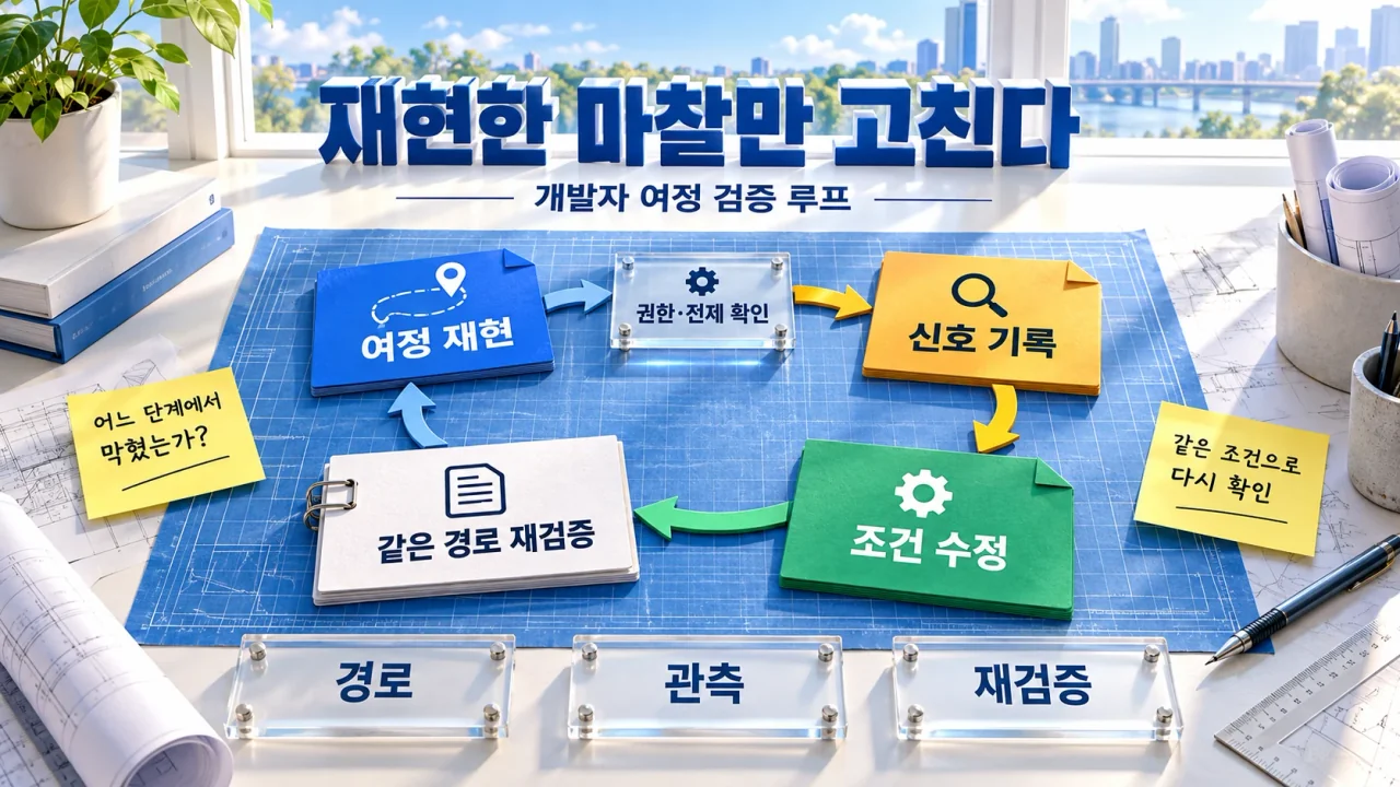 여정 재현, 권한과 전제 확인, 신호 기록, 조건 수정, 같은 경로 재검증이 순환하는 개발자 여정 검증 루프