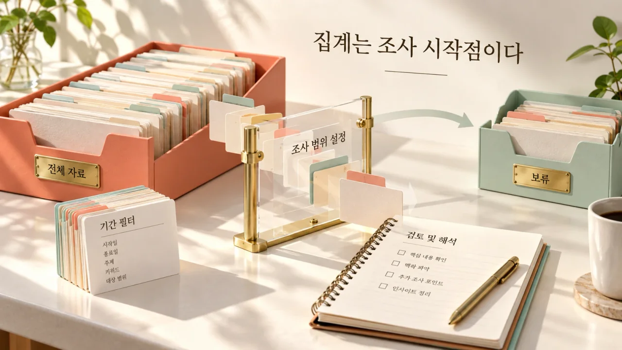 넓은 실행 보관 트레이에서 날짜 필터 카드가 투명한 범위 프레임을 지나 검토 노트로 가고, 남은 범위는 보류 폴더에 남는 모습