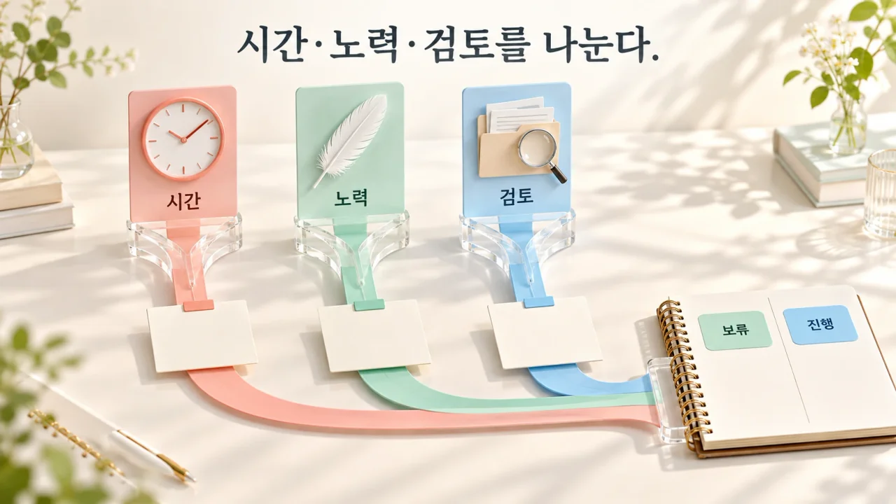 시계 카드, 깃털 카드, 근거 검토 폴더가 투명 분기 프레임을 지나 각각의 메모를 남긴 뒤 판단 노트로 이어지는 모습