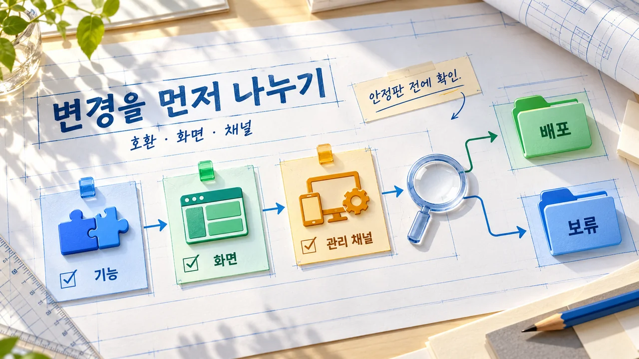 기능 호환·화면 렌더링·관리 채널 카드를 배포 또는 보류로 나누는 브라우저 변경 검토 개념도