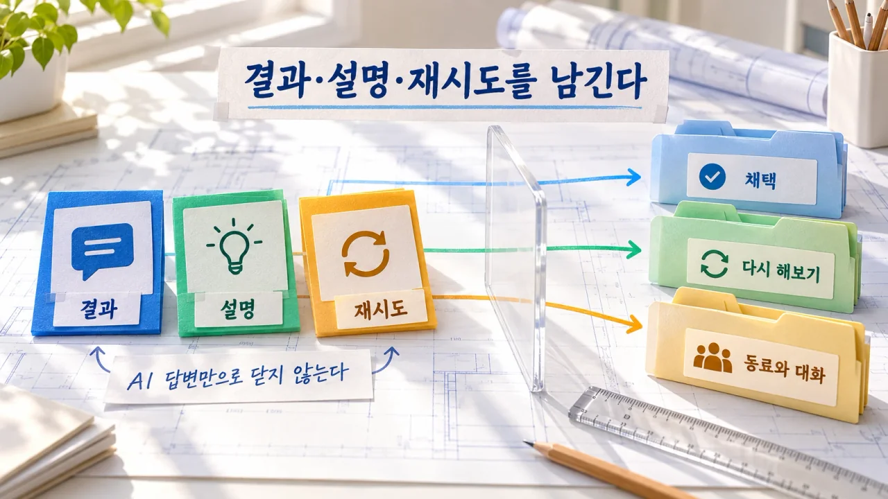 AI 응답 카드, 설명 메모, 독립 재시도 카드가 검토 경계를 통과해 채택·다시 해보기·동료와 대화로 나뉘는 모습
