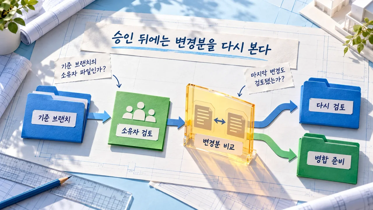 기준 브랜치의 소유자 파일, 소유자 검토, 변경분 비교가 다시 검토 또는 병합 준비로 갈리는 모습