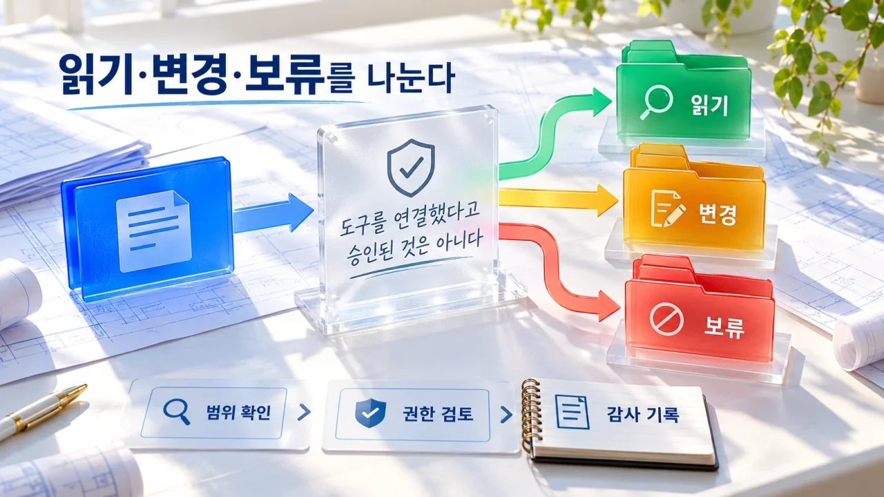 요청 카드가 권한 경계에서 읽기·변경·보류의 서로 다른 폴더로 나뉘고 감사 노트가 옆에 남는 모습