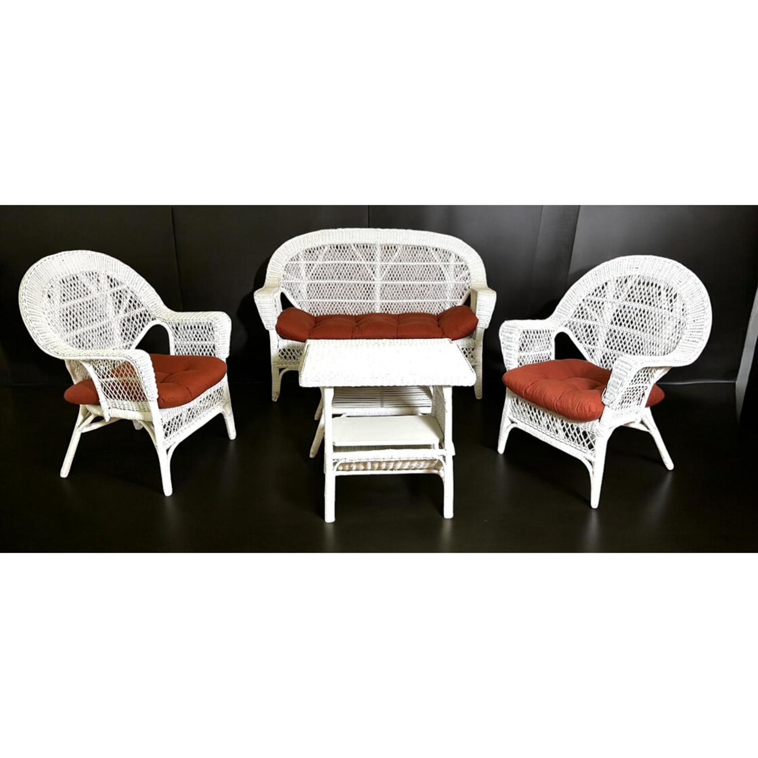 Free Delivery - White Painted Wicker Vintage Outdoor Seating Set, Sofa / Settee, Chairs, Tables  Image #1 | Ivy Store