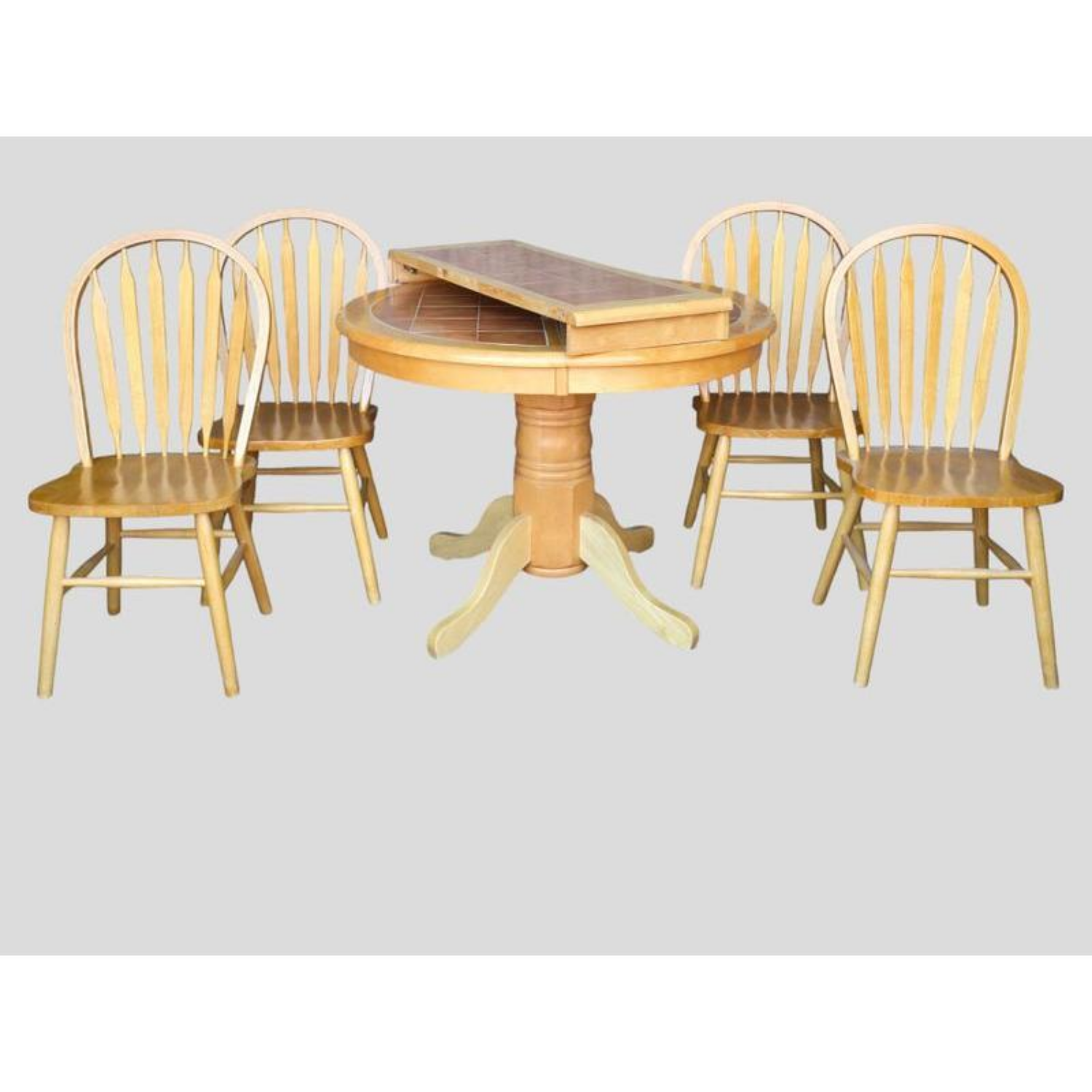 Free Delivery - Vintage Tile Top Wood Pedestal Dining Table with 4 Windsor Style Chairs Image #1 | Ivy Store