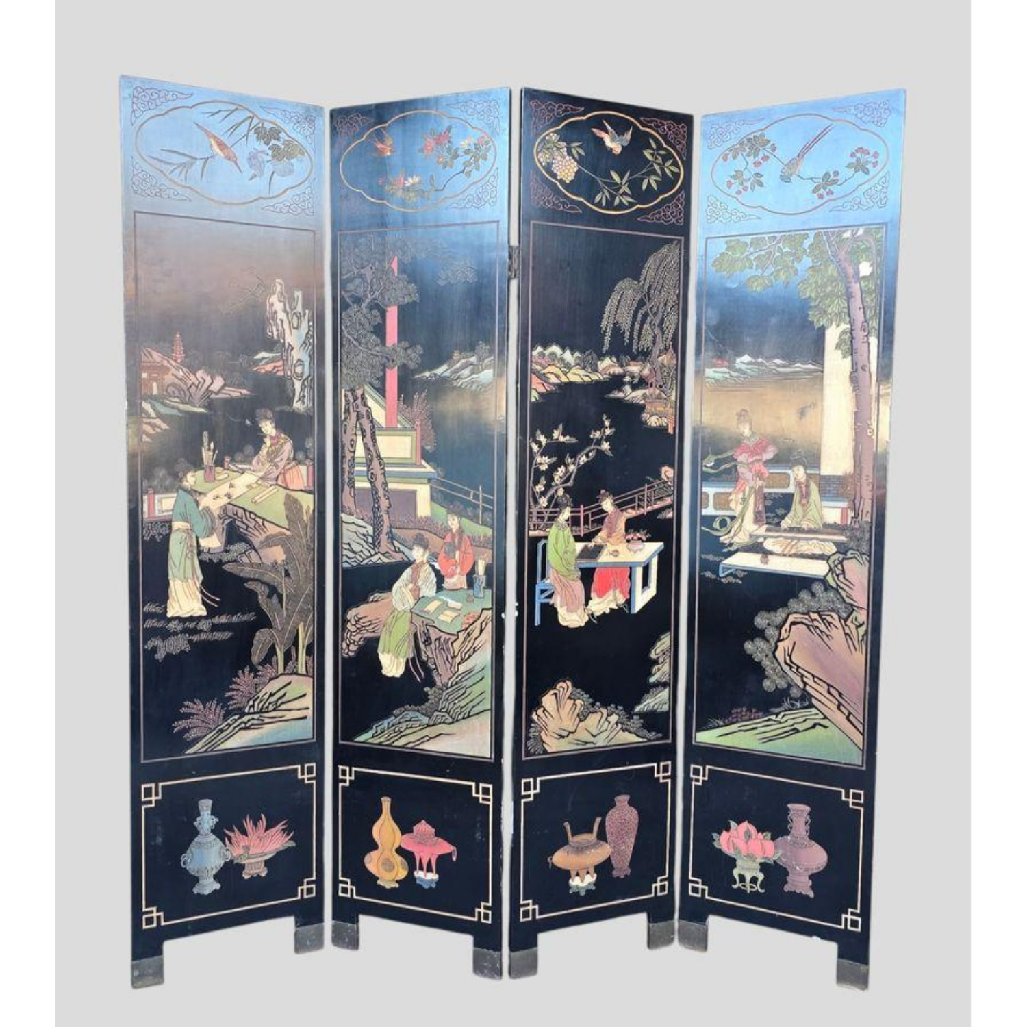 Free Delivery - Vintage Asian Lacquer Hand Painted Hand Carved Screen Four Panel Image #1 | Ivy Store