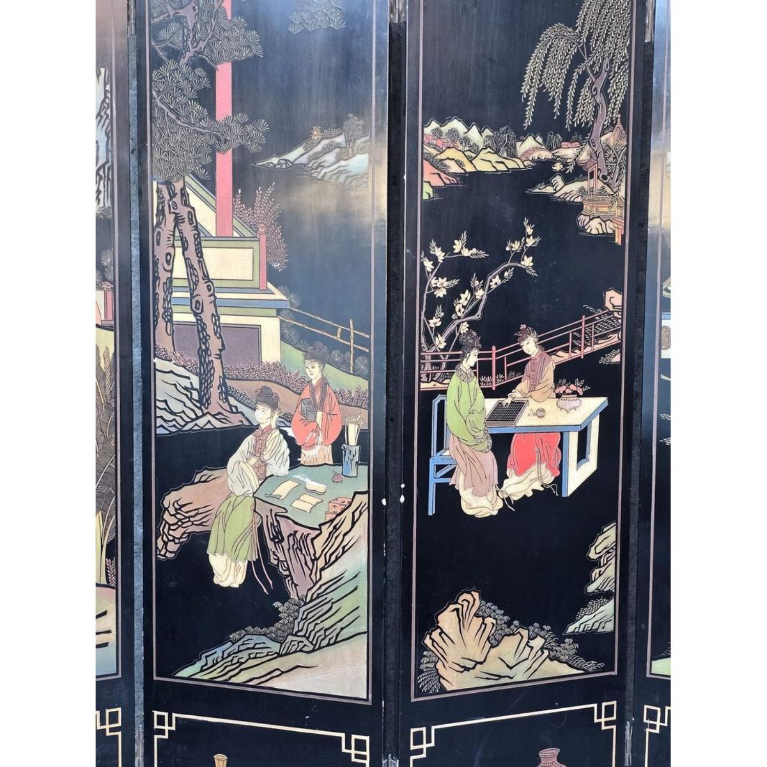 Free Delivery - Vintage Asian Lacquer Hand Painted Hand Carved Screen Four Panel Image #2 | Ivy Store