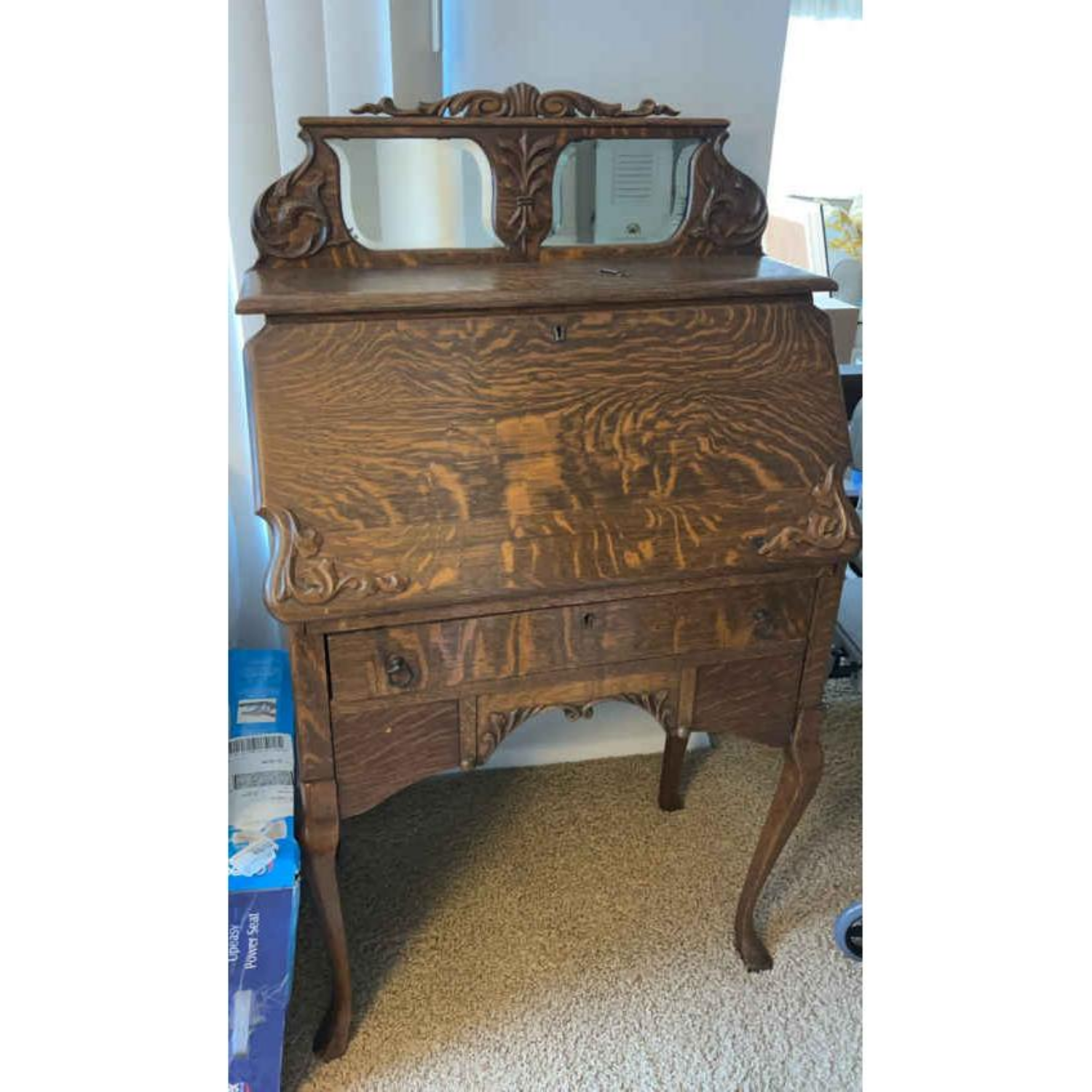 Free Delivery - Gorgeous Antique Tiger Wood Carved Secretary Desk Image #1 | Ivy Store