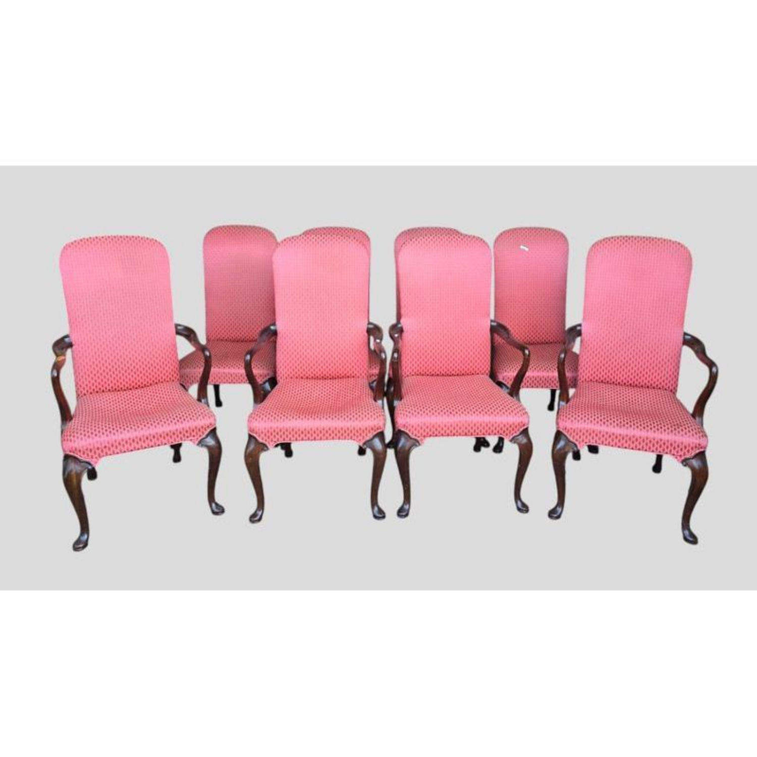 Free Delivery - 8 Vintage Queen Anne Style Wood andSilk Upholstered Dining Chairs Image #1 | Ivy Store