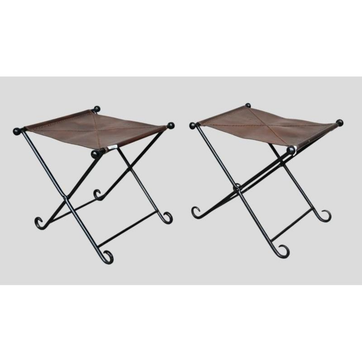 Free Delivery - Fantastic Pair Leather Sling Seat Iron Folding X Stools Image #1 | Ivy Store