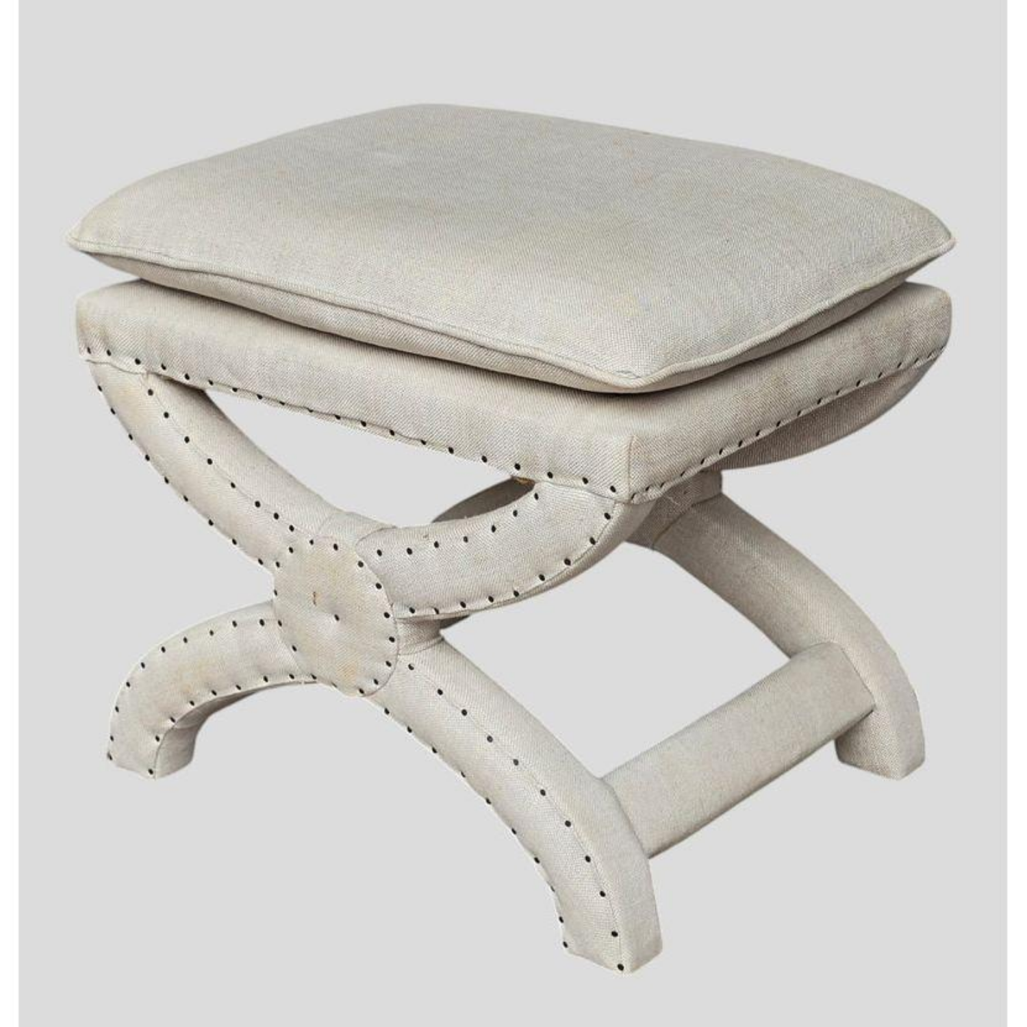 Free Delivery - Vintage Restoration Upholstered Linen X Ottoman Stool Expose Tack Trim Image #1 | Ivy Store