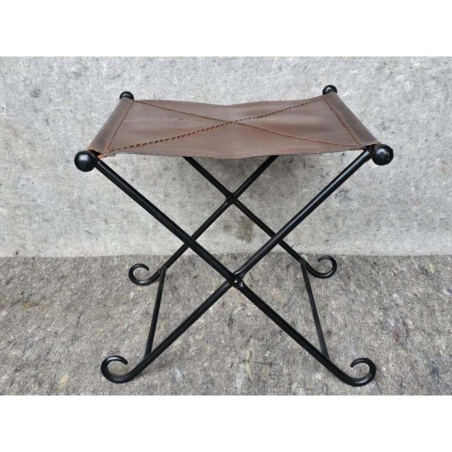 Free Delivery - Fantastic Pair Leather Sling Seat Iron Folding X Stools Image #2 | Ivy Store