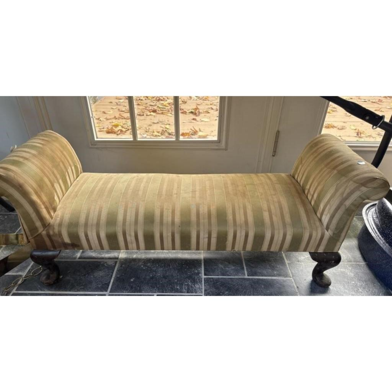 Free Delivery - Vintage Rolled Arm Chaise Lounge Bench Upholstered Striped Fabric image | Ivy Store