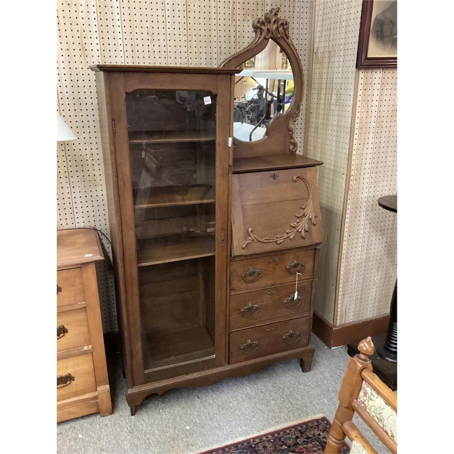 Free Delivery - Vintage Oak Secretary Desk Cabinet with Mirror and Glass Storage image | Ivy Store