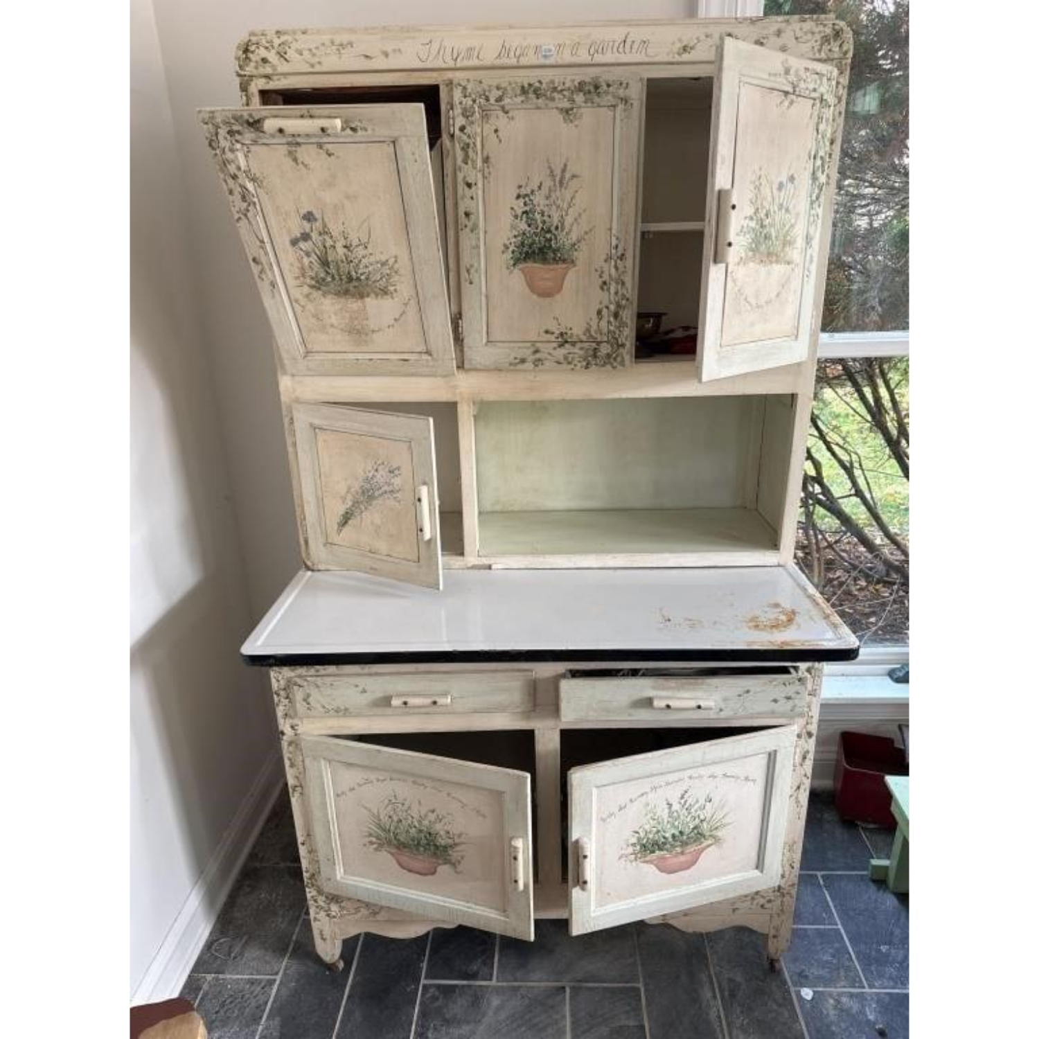 Free Delivery - Vintage Hoosier Cabinet with Enameled Top and Floral Design image | Ivy Store
