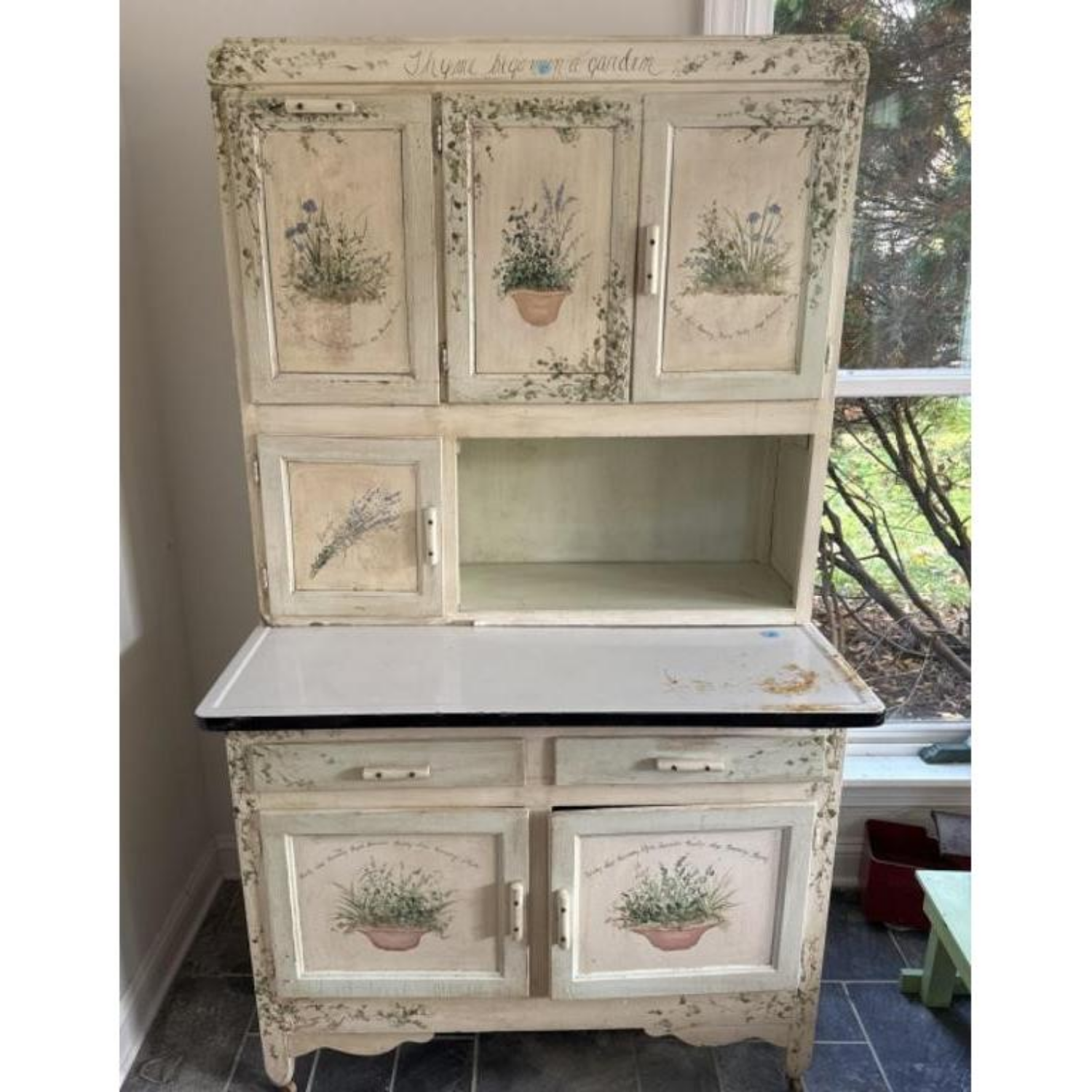 Free Delivery - Vintage Hoosier Cabinet with Enameled Top and Floral Design image | Ivy Store