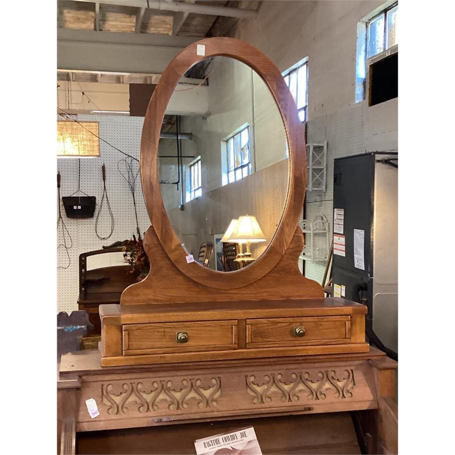 Free Delivery - Antique Oak Dresser Mirror with Storage Drawers and Carved Base image | Ivy Store