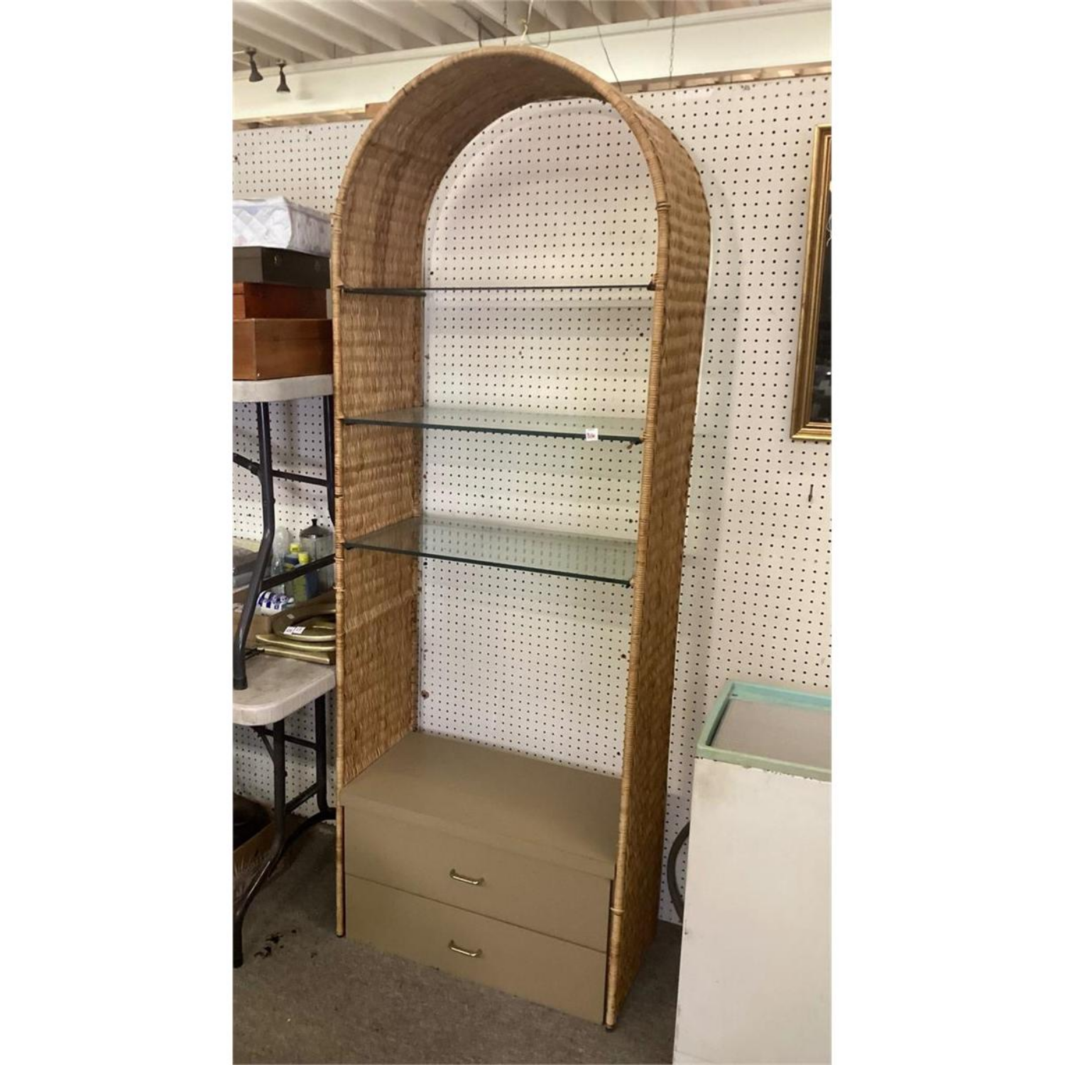 Free Delivery - Vintage Rattan Shelf Unit with Drawers, Glass Shelving, Mid Century Modern Style image | Ivy Store
