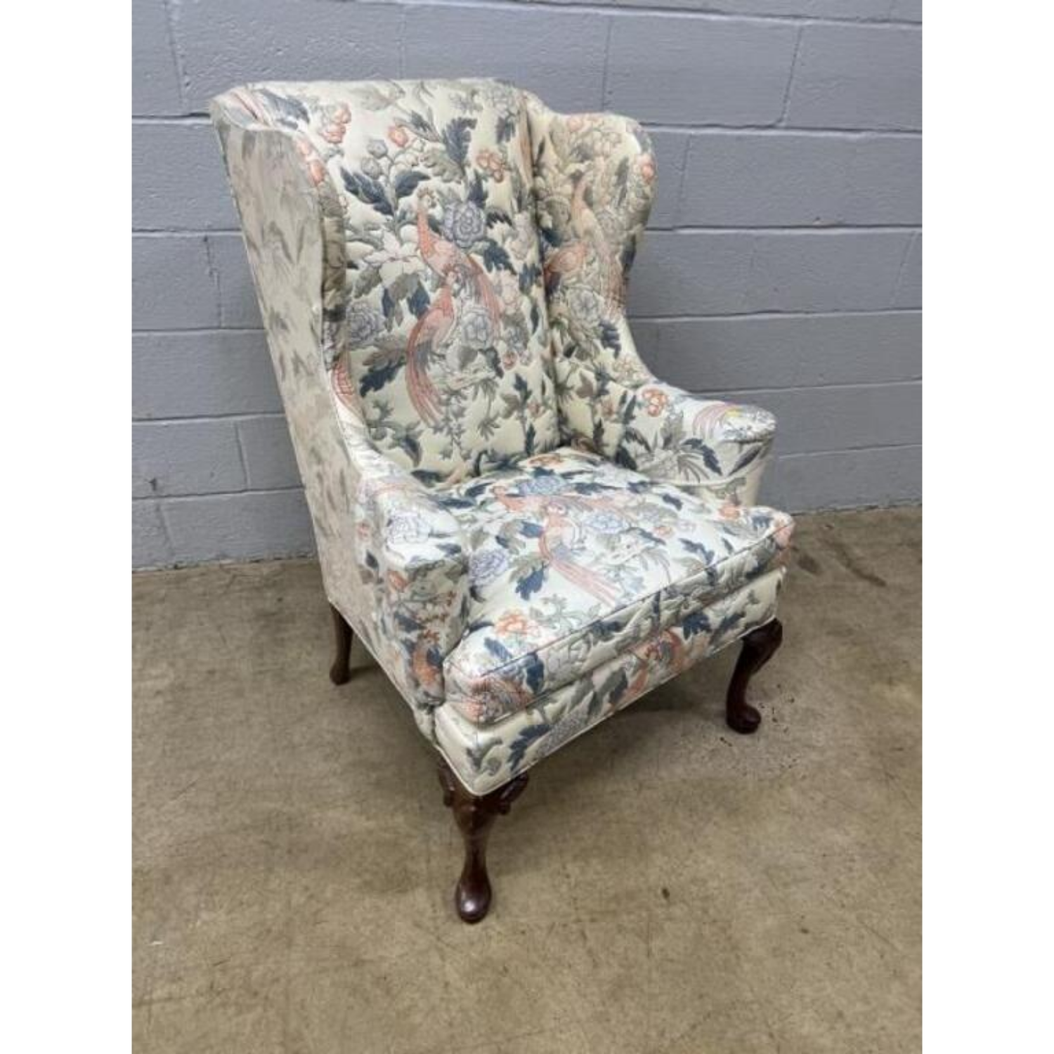 Free Delivery - Vintage Peafowl Wingback Chair Lounge Seat Floral Fabric Upholstery image | Ivy Store