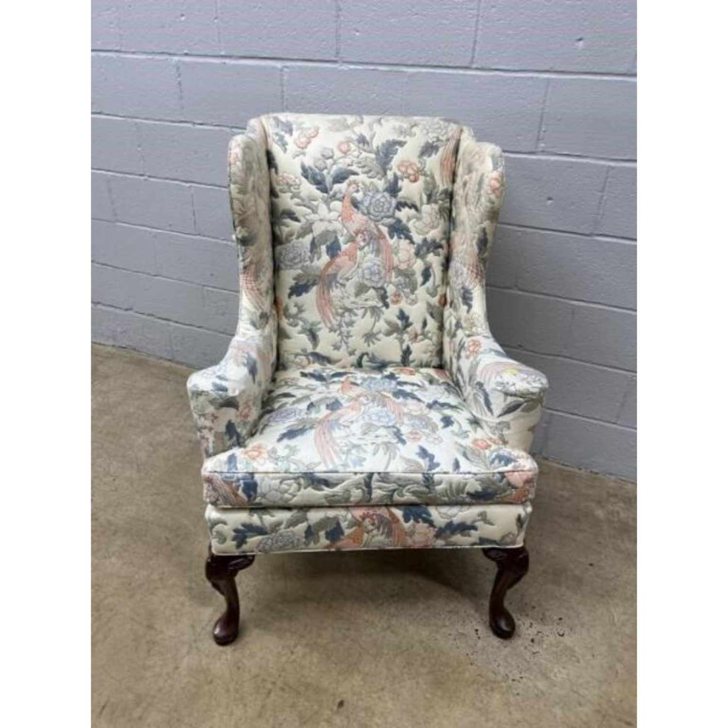 Free Delivery - Vintage Peafowl Wingback Chair Lounge Seat Floral Fabric Upholstery image | Ivy Store