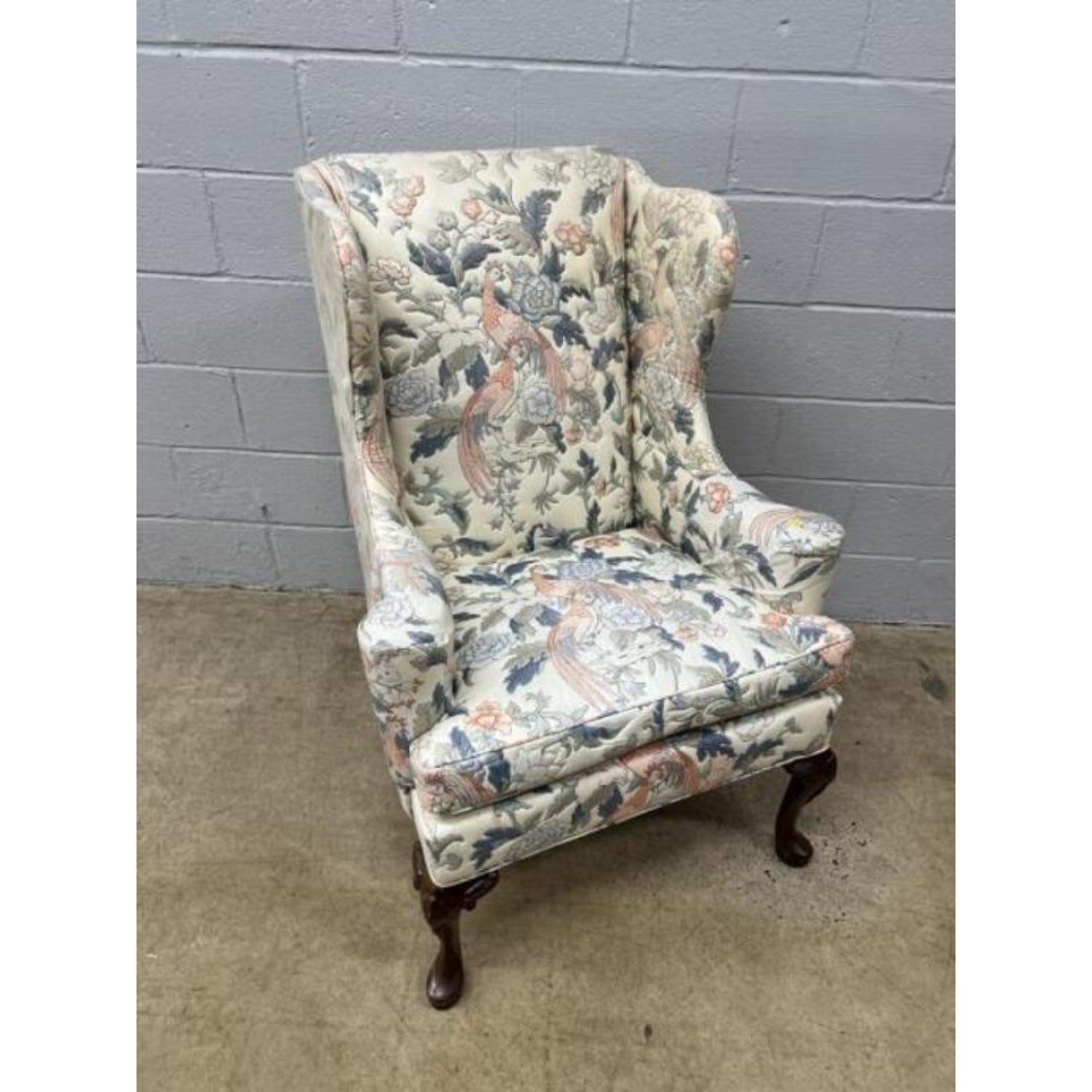 Free Delivery - Vintage Peafowl Wingback Chair Lounge Seat Floral Fabric Upholstery image | Ivy Store