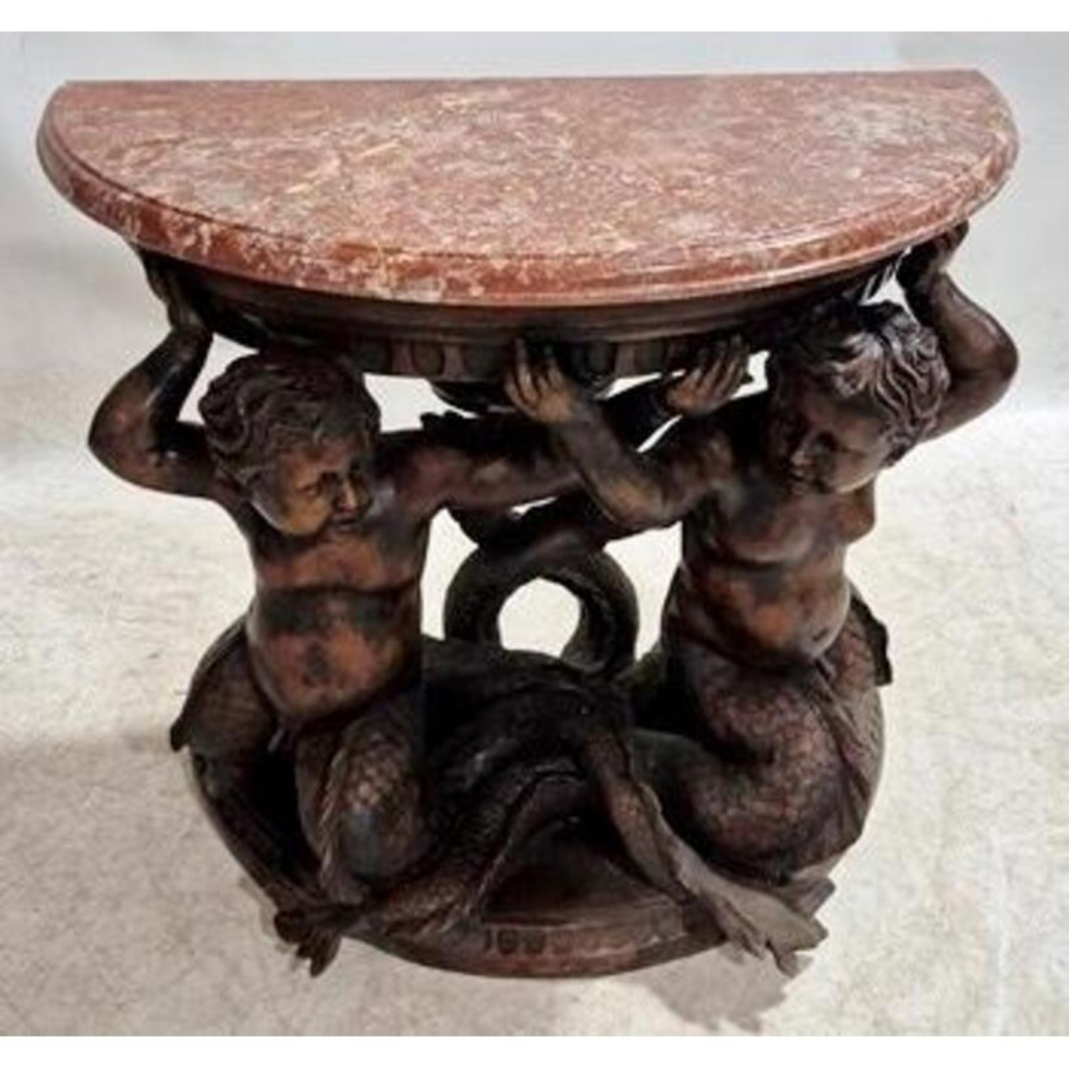 Free Delivery - Antique Bronze Marble Cherub Mermaid Table Demilune Accent Piece Image #2 | Ivy Store
