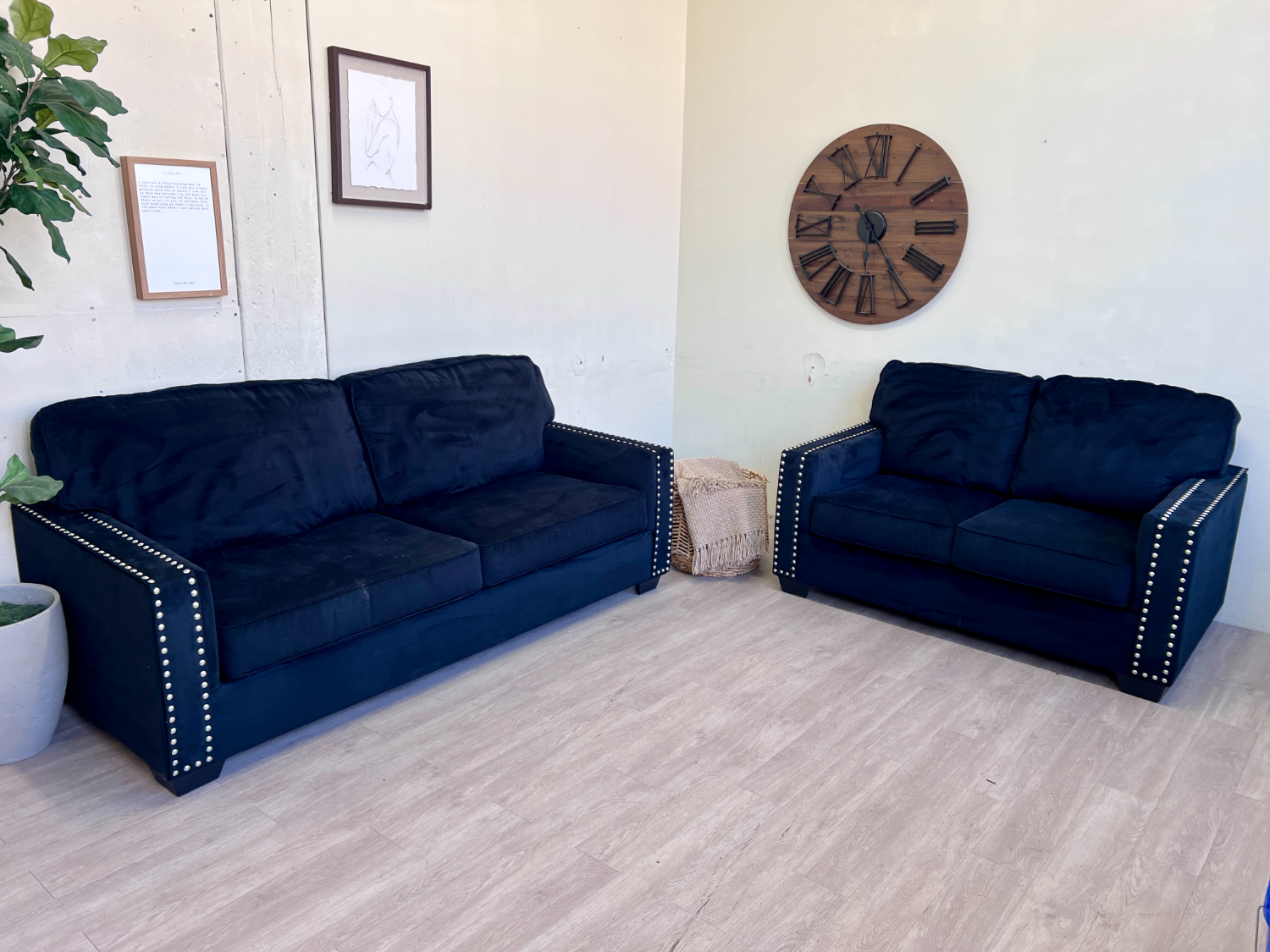 FREE DELIVERY! 🚚 - Blue Microsuede Studded Modern Loveseat Couch Set image | Ivy Store