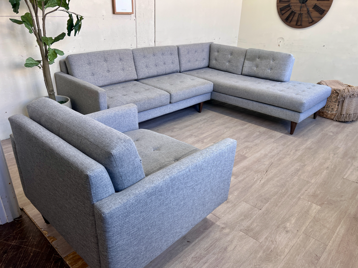 FREE DELIVERY! 🚚 - Joybird “Elliot” Gray MCM Tufted Sectional Couch with Chaise & Chair Set image | Ivy Store