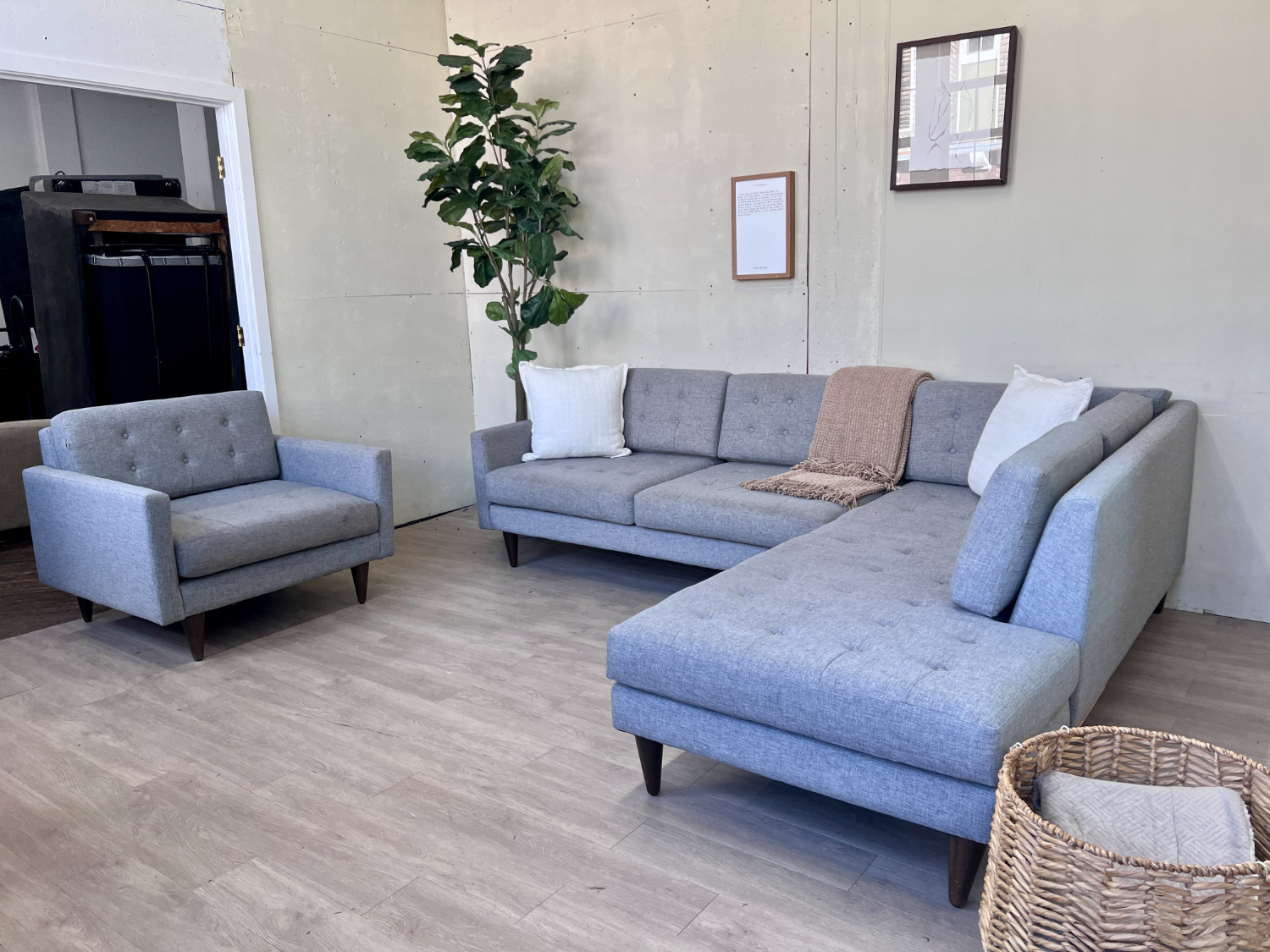 FREE DELIVERY! 🚚 - Joybird “Elliot” Gray MCM Tufted Sectional Couch with Chaise & Chair Set image | Ivy Store