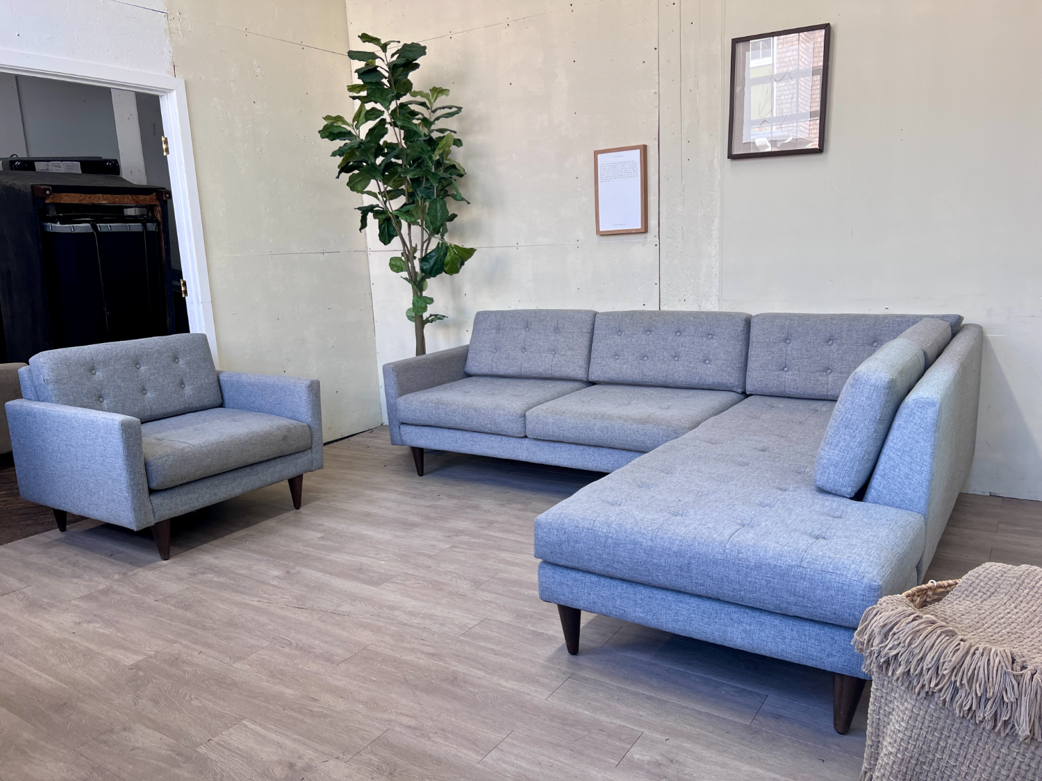 FREE DELIVERY! 🚚 - Joybird “Elliot” Gray MCM Tufted Sectional Couch with Chaise & Chair Set image | Ivy Store