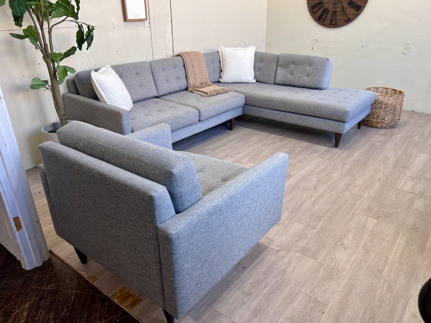 FREE DELIVERY! 🚚 - Joybird “Elliot” Gray MCM Tufted Sectional Couch with Chaise & Chair Set image | Ivy Store