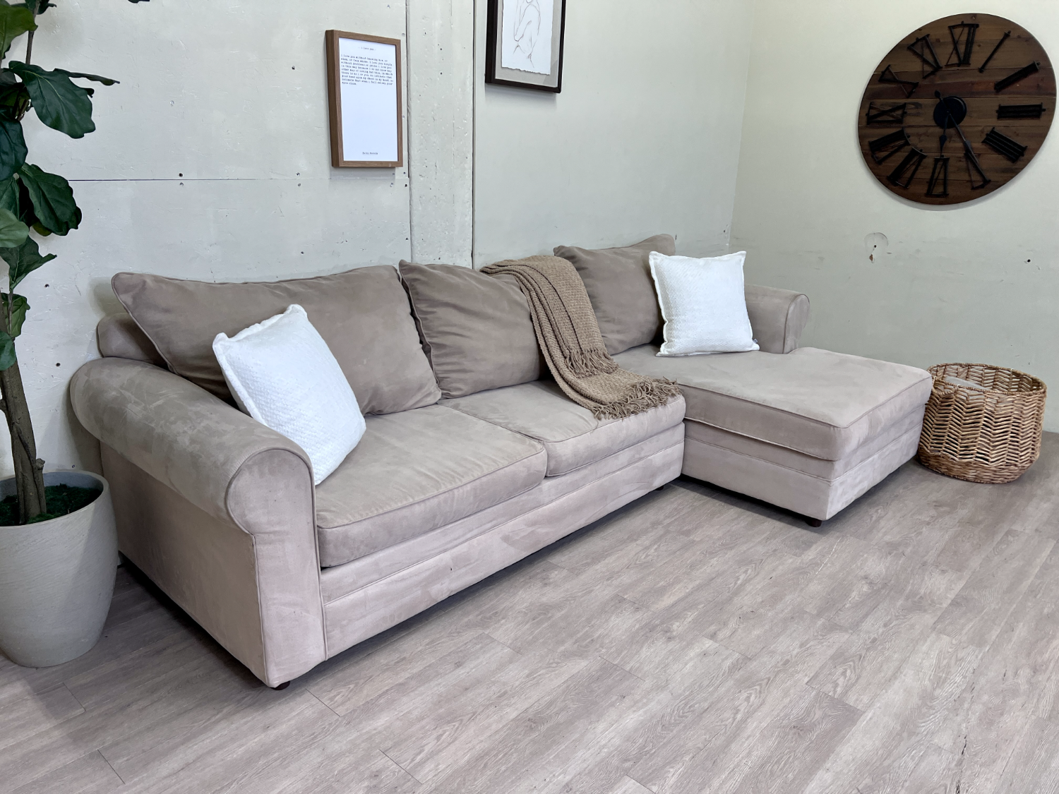 FREE DELIVERY! 🚚 - Bob’s Furniture Beige Microfiber Modern Sectional Couch with Chaise Image #2 | Ivy Store