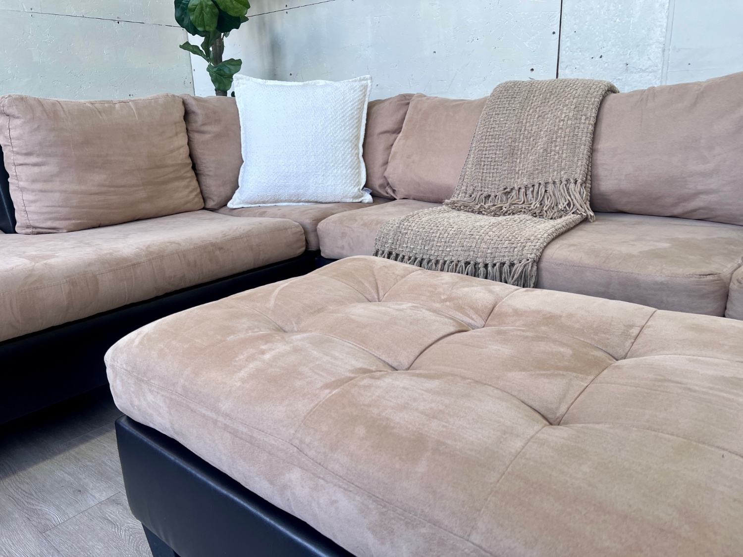 FREE DELIVERY! 🚚 - Beige Microfiber with Leather Tufted Modern Sectional Couch with Chaise & Ottoman Set Image #1 | Ivy Store